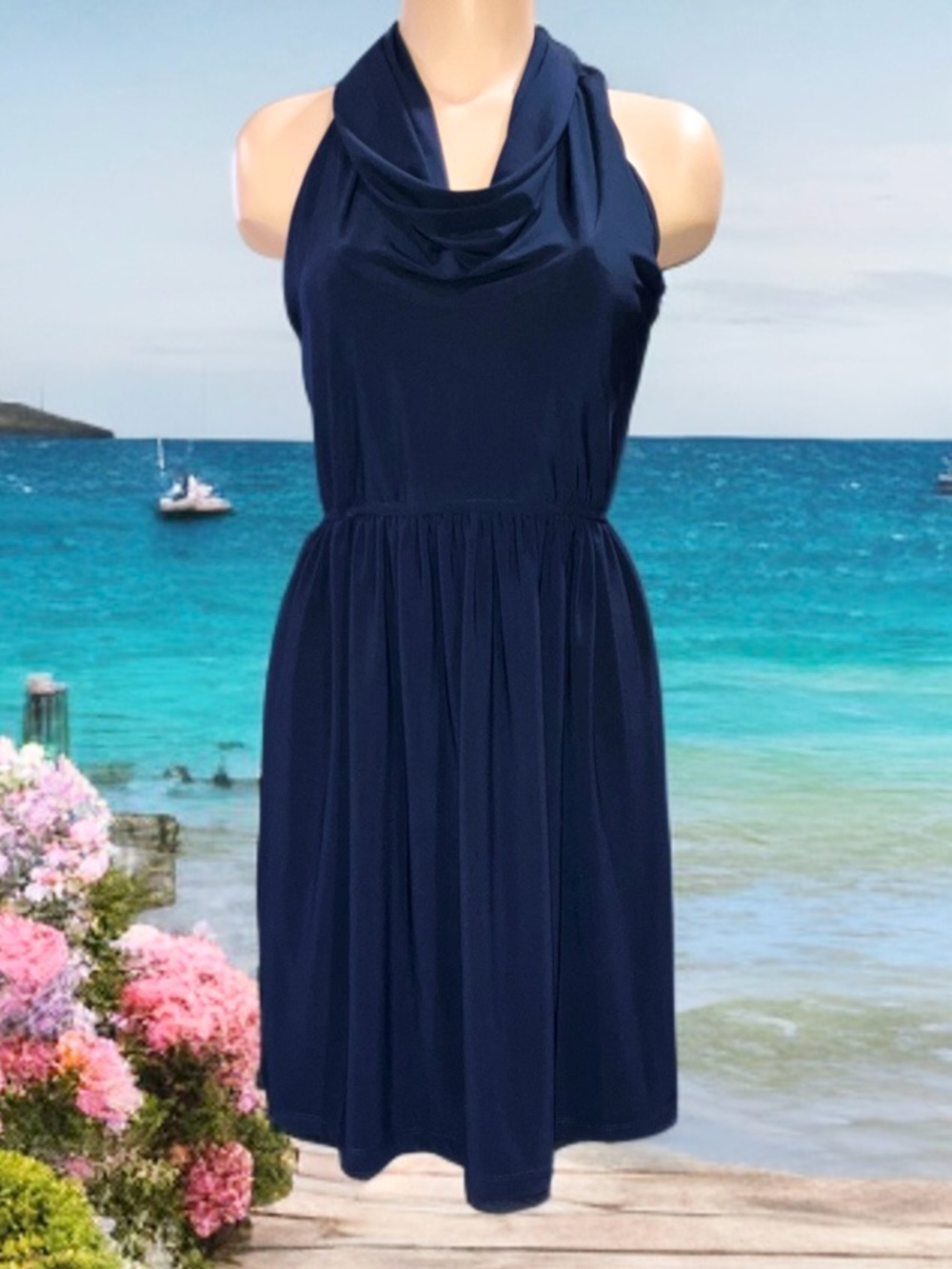 Judith March Cowl Neck Navy Stretch Racerback Lined Stretch Jersey Dress Size L